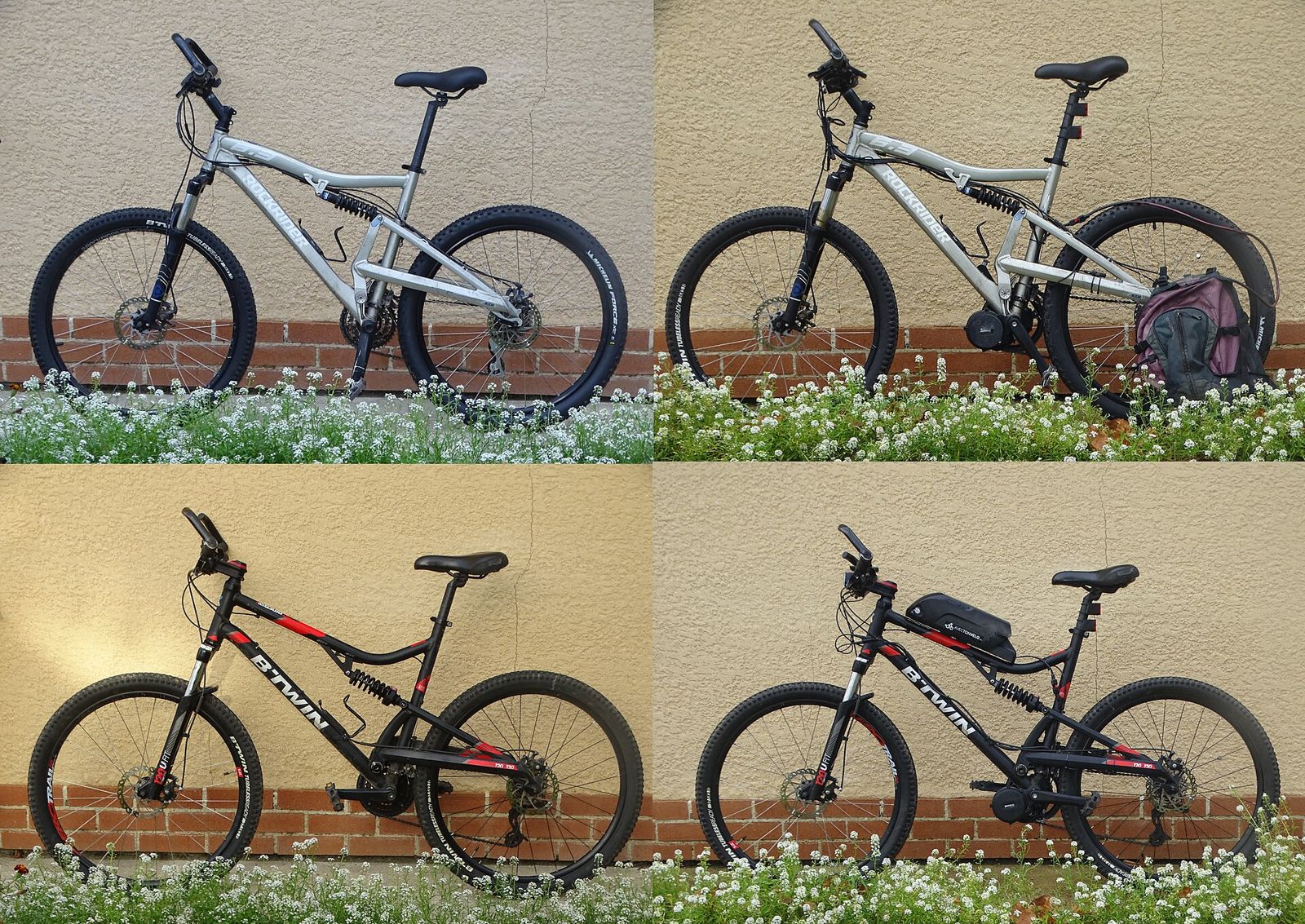 Black mountain bicycle with a mid-drive motor and a frame battery, against a wall.